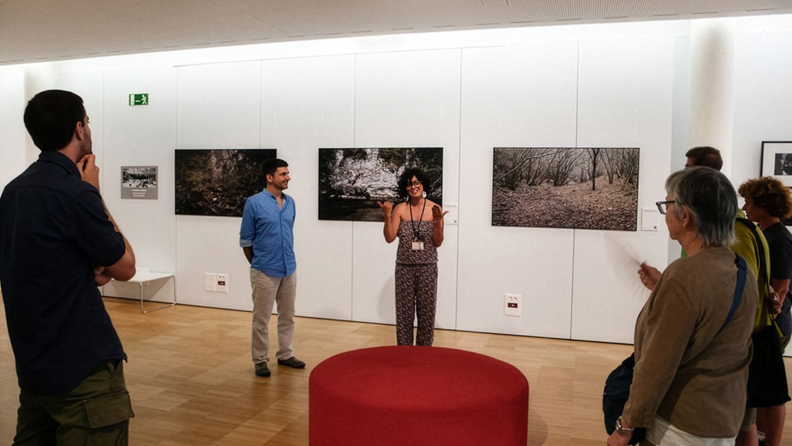 A group of people listening to a speaker in an art gallery, with large landscape photographs displayed on the wall behind them.